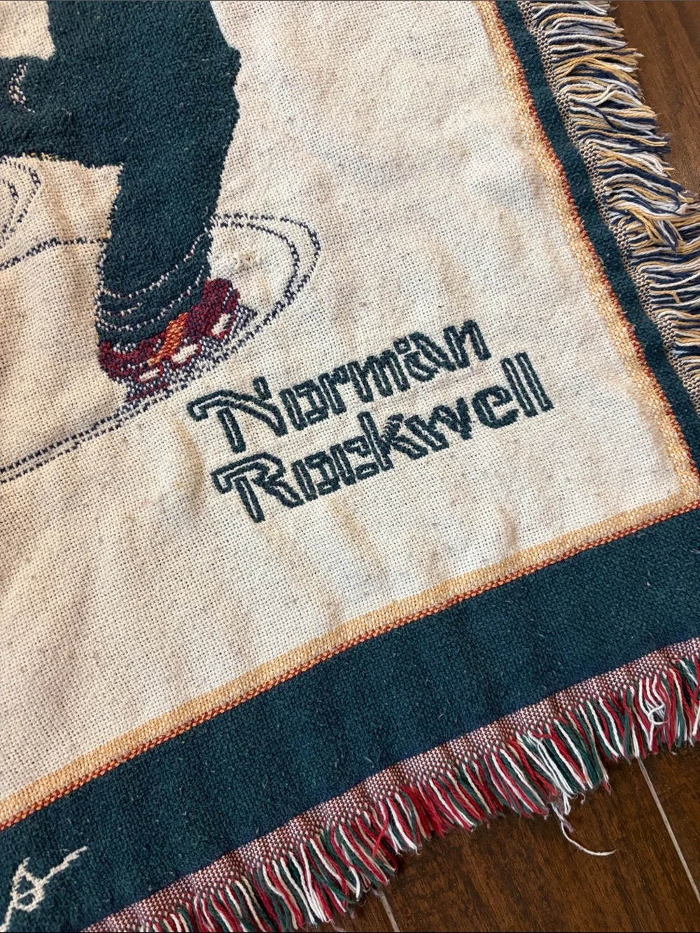 VTG Norman Rockwell Four Seasons Woven Tapestry Throw Blanket Fringed Americana